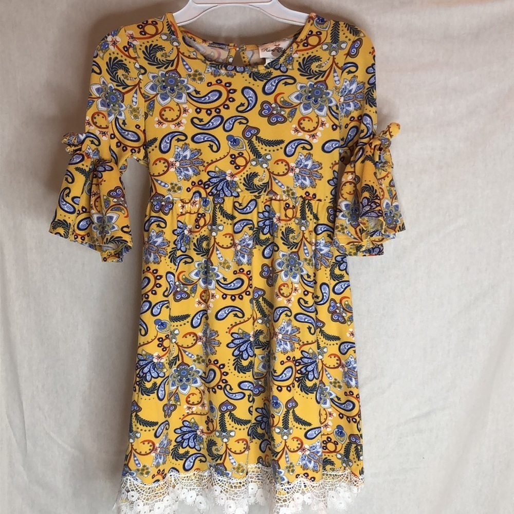 Adorable RARE EDITIONS Girl's Yellow Blue Floral Dress 3/4 Sleeve Lace Trim 6X